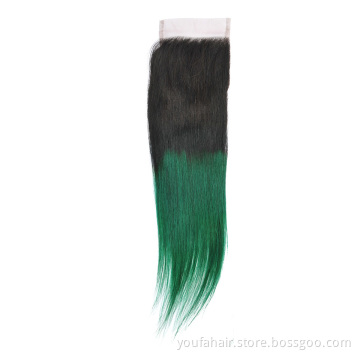 Customized Ombre 1B Green Colored 4x4 Virgin Pre Plucked Straight Silk Brazilian Human Hair Swiss Lace Closure with Baby Hair